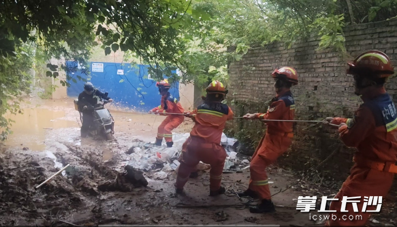 消防员正在营救被困市民。 长沙晚报通讯员 罗浩 摄