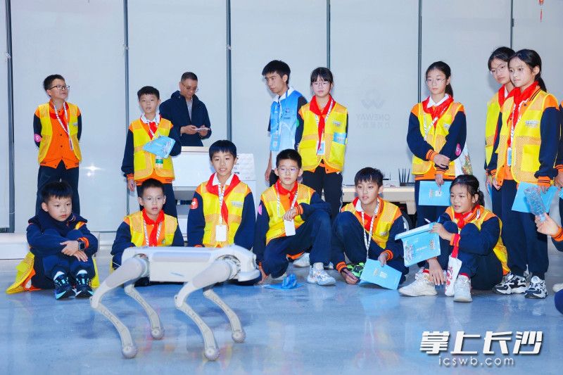万为机器人展厅中，学生们操作安保巡逻机器人，观看机器狗表演。