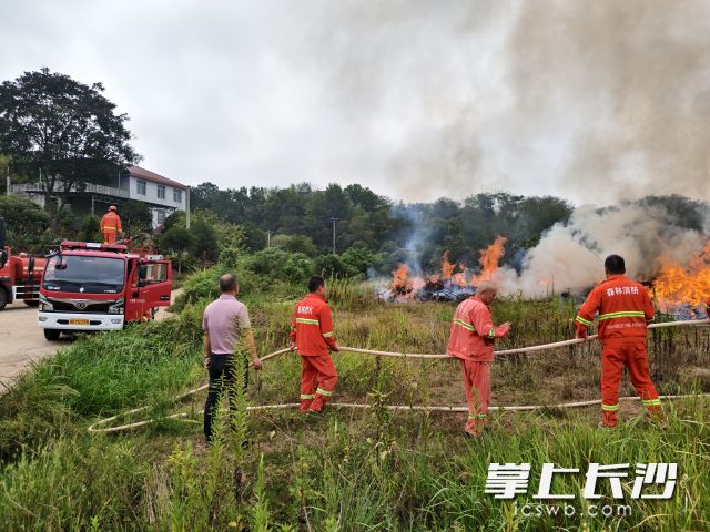 10月3日上午，跳马镇一场森林防灭火模拟真实火场实战演练拉开序幕。均为长沙晚报全媒体记者 舒元臻 摄