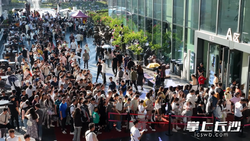 李自健美术馆迎来观展客流高峰，观众在检票口前排起长长的队伍。