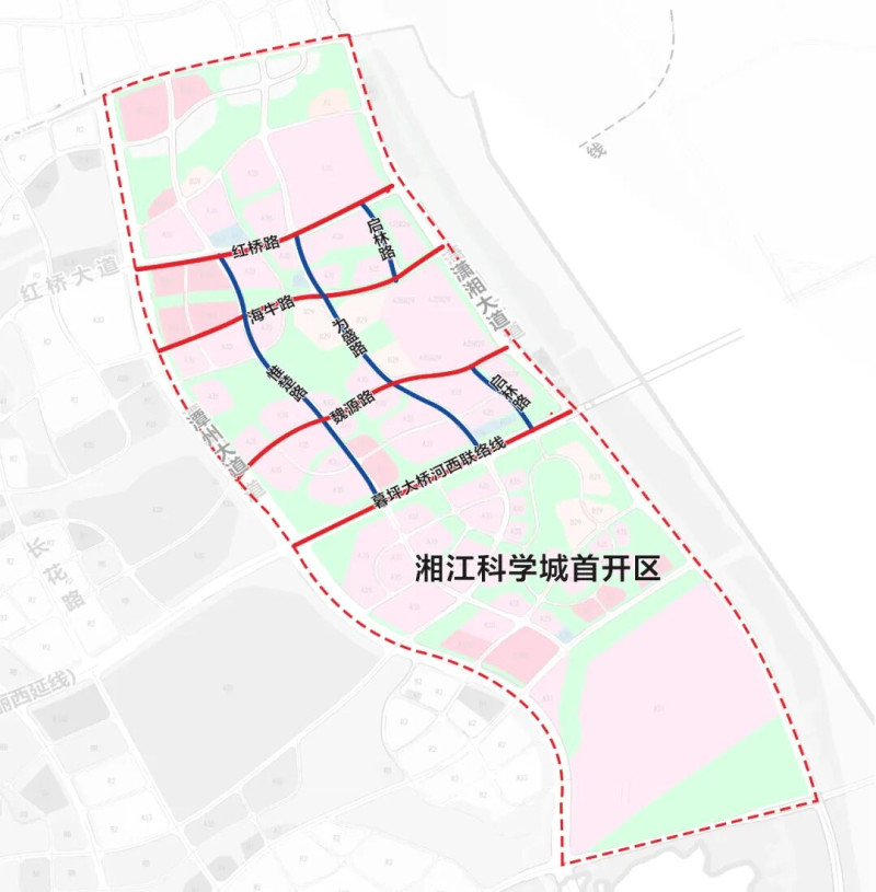 湘江科学城首开区“三纵四横”路网规划图
