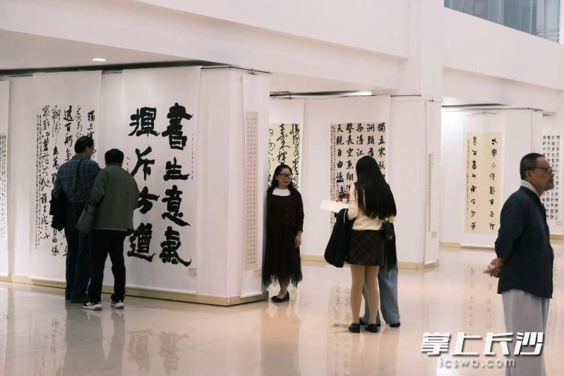 《沁园春·长沙》创作100周年主题书法篆刻作品展现场。