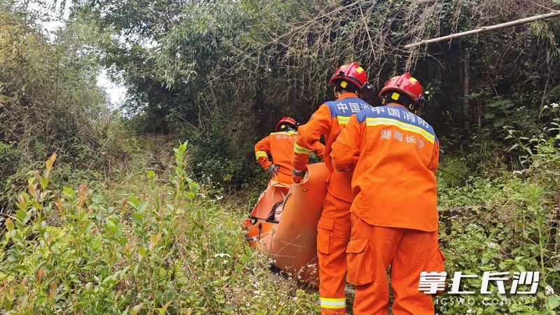 消防员营救受伤游客下山。 长沙晚报通讯员 王磊 摄