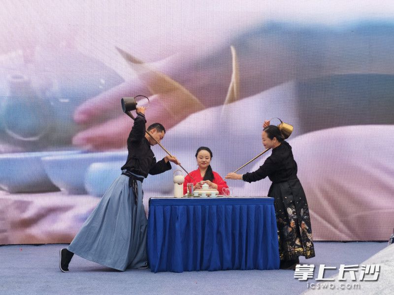 茶艺表演者手持长嘴壶，置茶、注水、出汤一气呵成。 均为园区供图