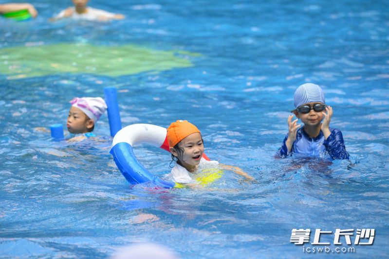 小朋友们在暑期免费开放的游泳馆游泳。长沙晚报全媒体记者 邹麟 摄