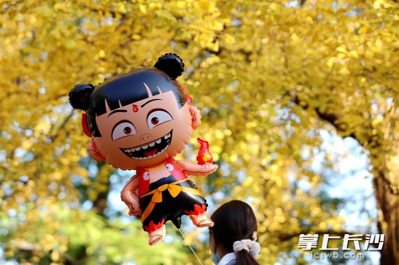 “银杏王”下，卡通娃笑得很开心。