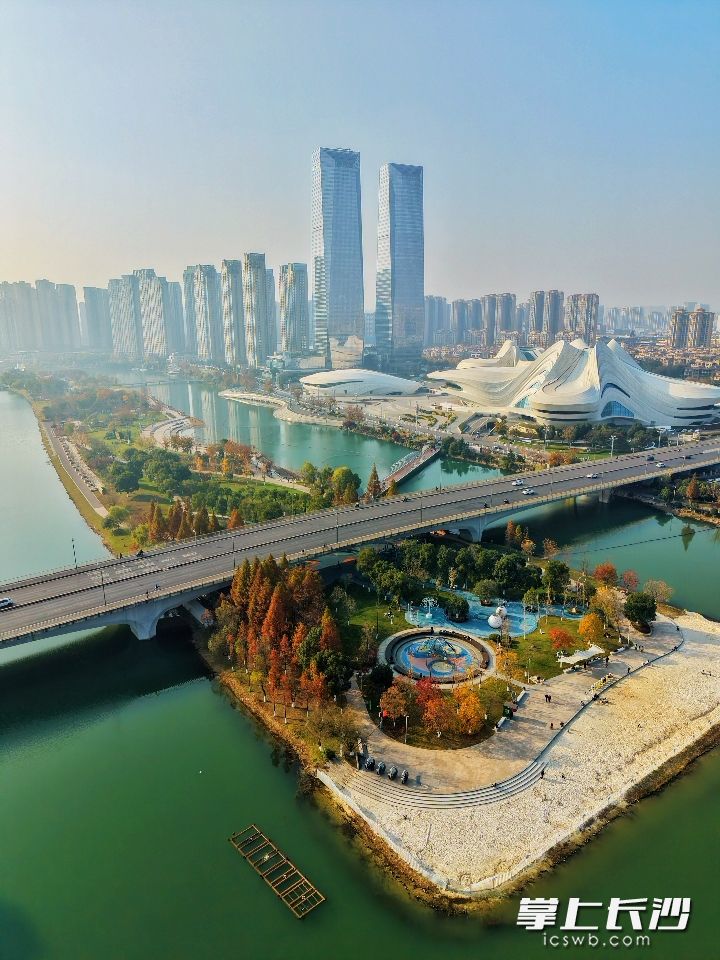 节庆岛与文化艺术中心同框，自然与人文艺术遥相呼应。