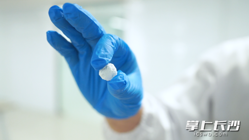 在基地实验室，冯梦梦向记者展示了这款团队最新研发的产品——磷酸三钙生物陶瓷微球（TCP）。