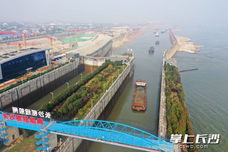 12月9日，湘江长沙综合枢纽船闸，船舶正排队过闸。  均为通讯员供图