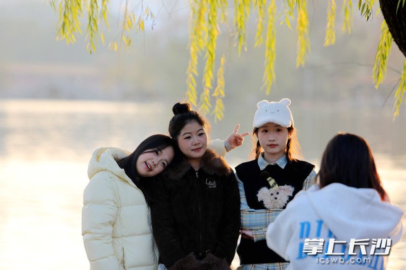 几位女孩在年嘉湖畔打卡。均为长沙晚报全媒体记者贺文兵摄