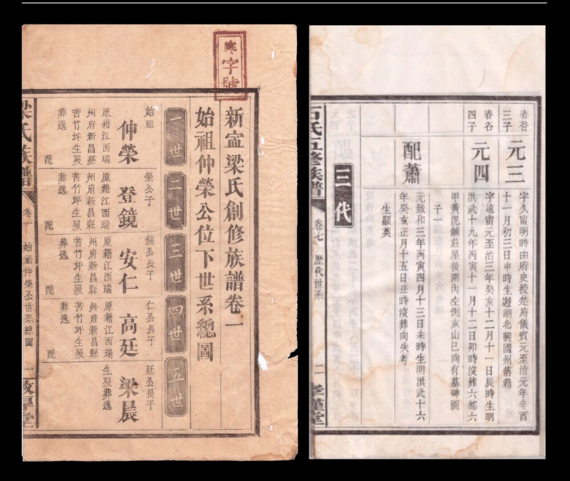 作为湖湘家谱核心骨架的世系表,一般采用欧式(左)和苏式(右)。寻霖供图 作为湖湘家谱核心骨架的世系表,一般采用欧式(左)和苏式(右)。寻霖供图