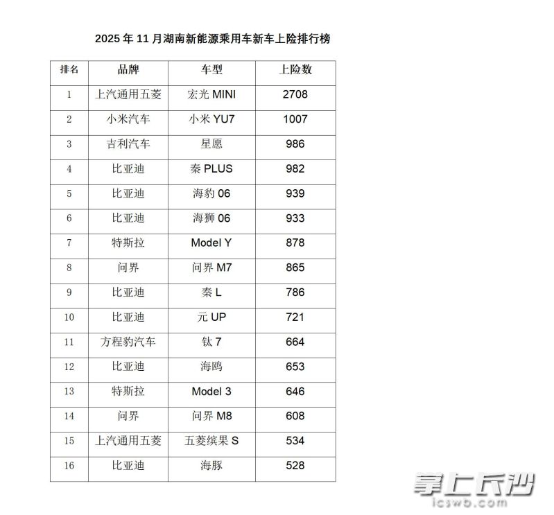 11月湖南省新车上险排行榜。 11月湖南省新车上险排行榜。