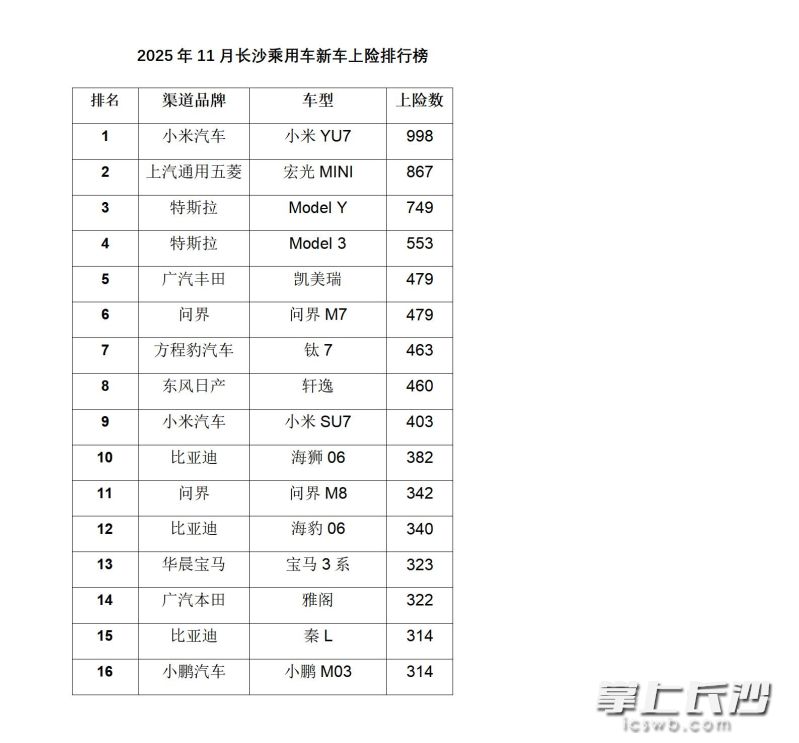11月长沙新车上险榜。 11月长沙新车上险榜。