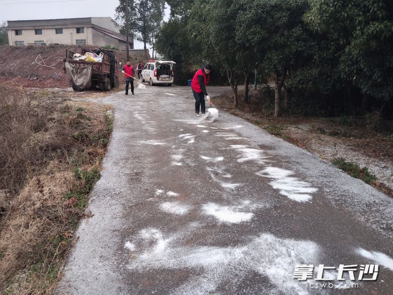 心源村党员志愿者对村内主干道、桥梁等重点路段开展撒盐除冰作业。
