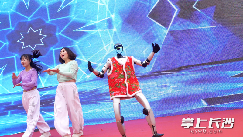 歌舞表演《马年STYLE》中，两位智能机器人身着喜庆花棉袄，迈着灵动的步伐，与台上的村民演员同台共舞。