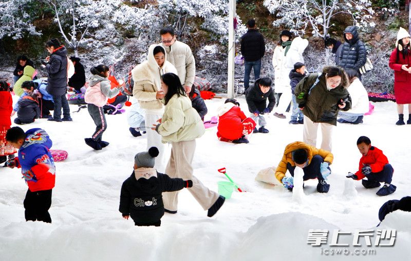 家长领着小孩在石燕湖景区的“童话雪乡”玩雪。 均为长沙晚报全媒体记者贺文兵摄