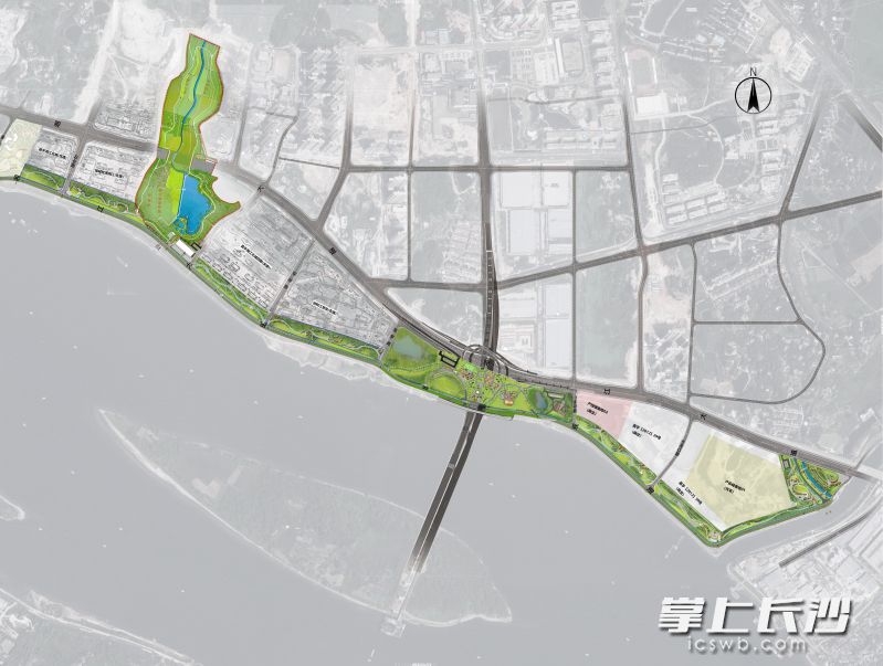 新建的城市稻田公园（图中上部绿色部分）与滨江体育公园（图中下部绿色部分）所在位置。图片均为受访者提供。