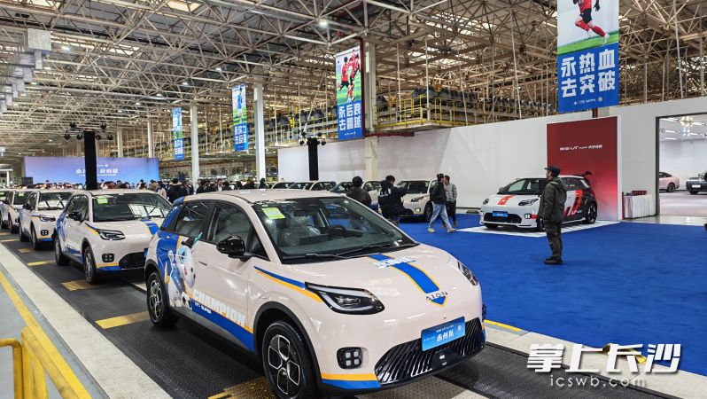 奖励给永州足球队的埃安UT系列“永冲锋”版整装待发。 均为长沙晚报全媒体记者曹开阳摄