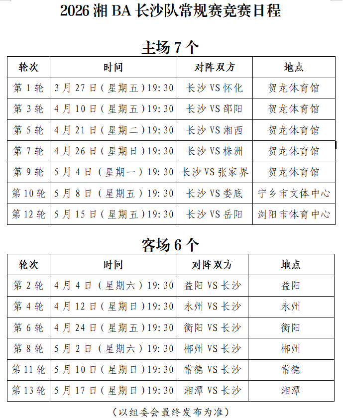 长沙队常规赛赛程。