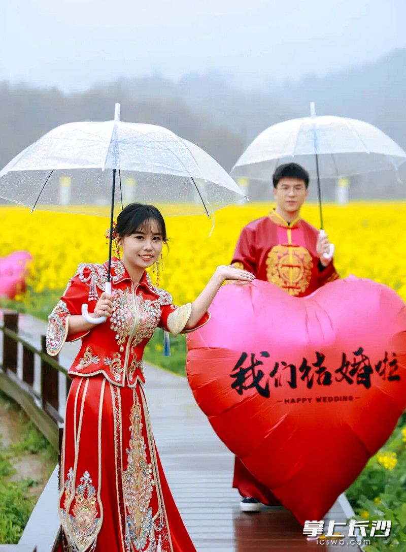 新人来到油菜花田留下甜蜜影像。