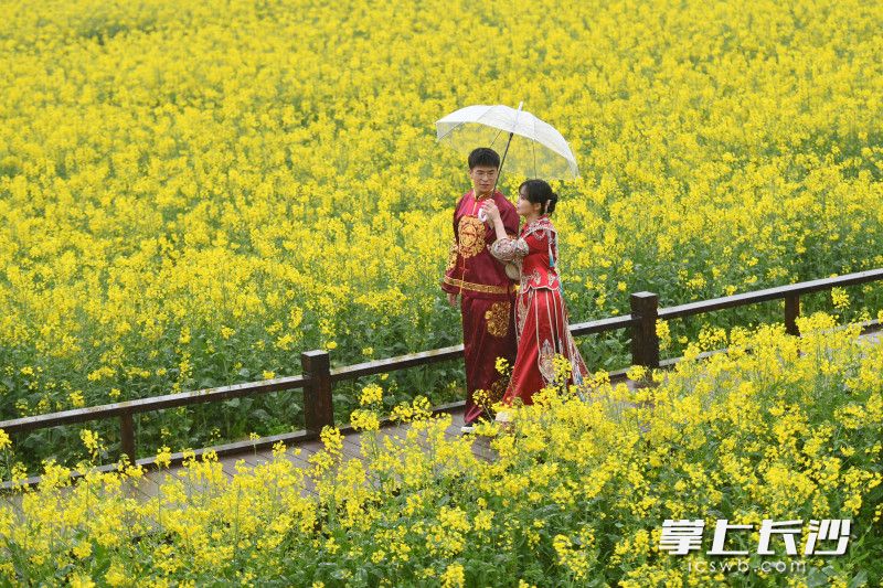 以花海为背景，新人们留下浪漫合影。