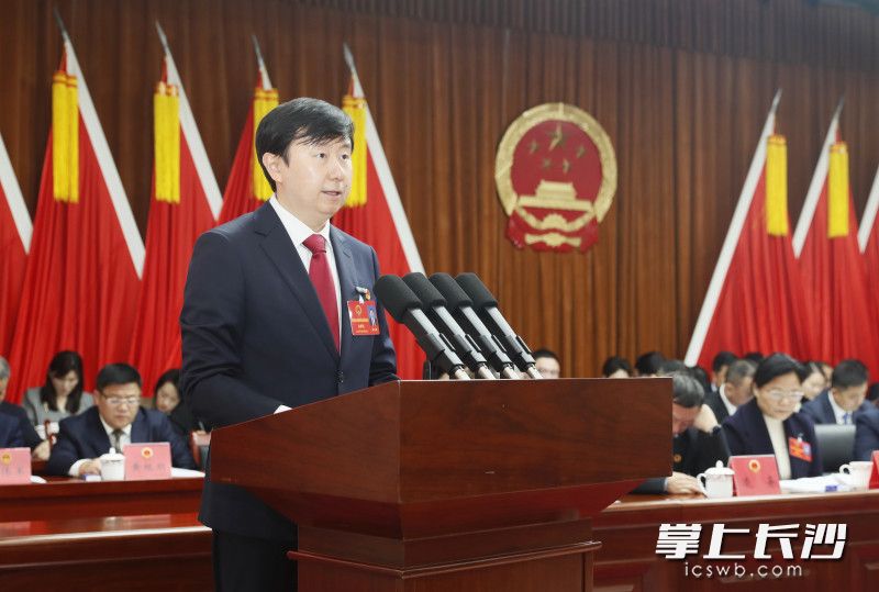 天心区委副书记、代区长梁天琛作政府工作报告。天心融媒供图