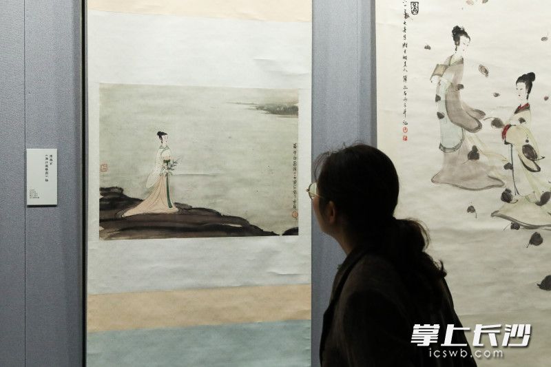 游客观看傅抱石《湘江凝睇图》轴。 均为长沙晚报全媒体记者董阳摄