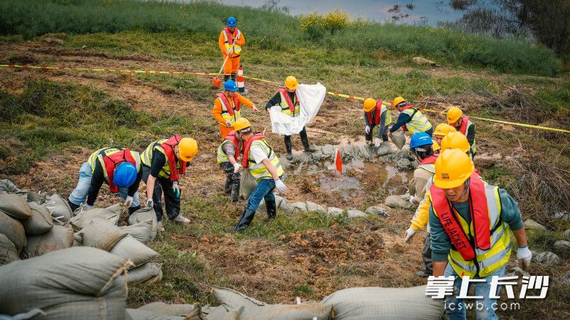 抢险队员快速、有序地将沙袋传递至管涌点。