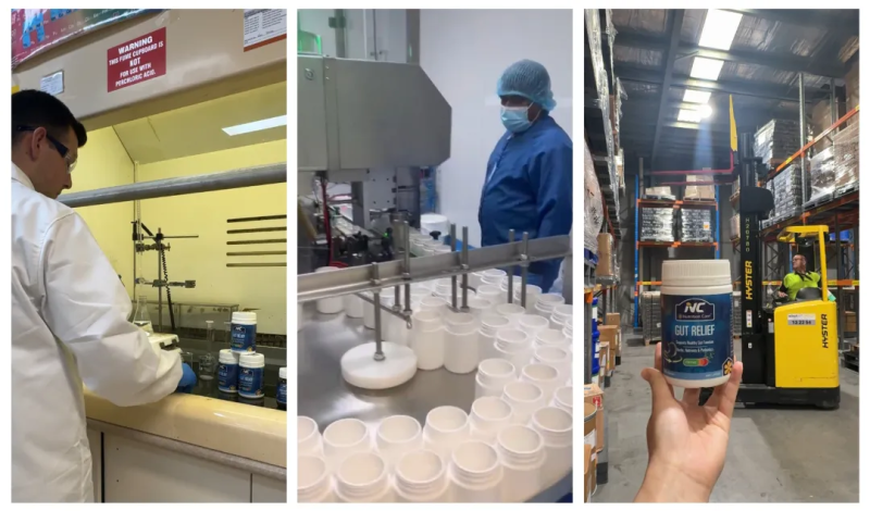 左为Nutrition Care澳洲实验室；中为Nutrition Care养胃粉生产线；右为Nutrition Care澳洲仓库。