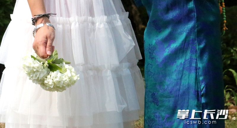 烈士公园，一女士将绣球花摘下打卡。