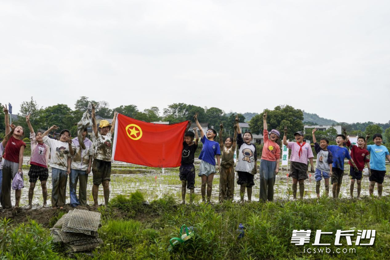 完成插秧之后，孩子们快乐合影。长沙晚报全媒体记者 张禹 通讯员 黄亚芬 摄影报道