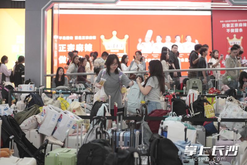 两位游客正在安放自己的行李，背后来往的人群皆被行李箱构成的“风景线”吸引。