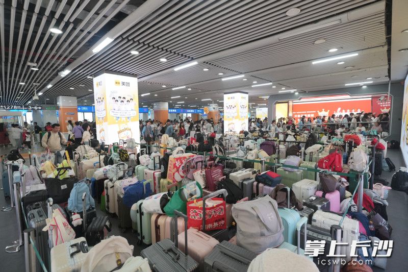 人来人往的地铁站中，几百个行李箱整齐地摆放着。