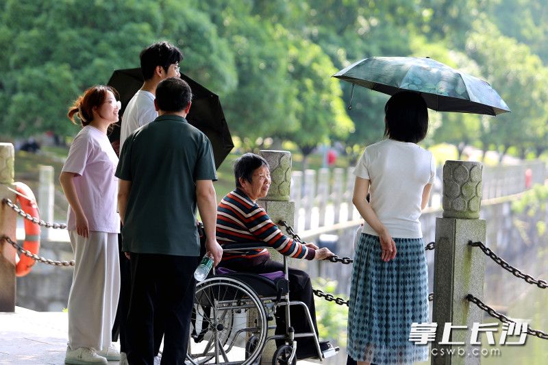 李先生带着家人用轮椅推着母亲在烈士公园跃进湖畔看风景。均为长沙晚报全媒体记者贺文兵摄