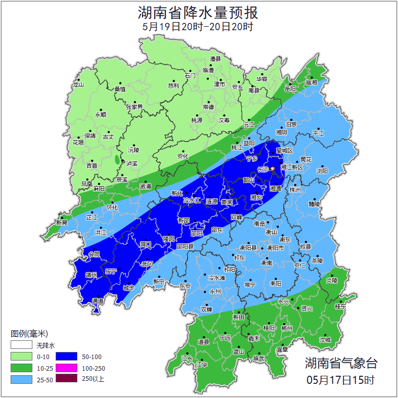 19日20时至20日20时湖南省降水量预报。  湖南省气象台供图