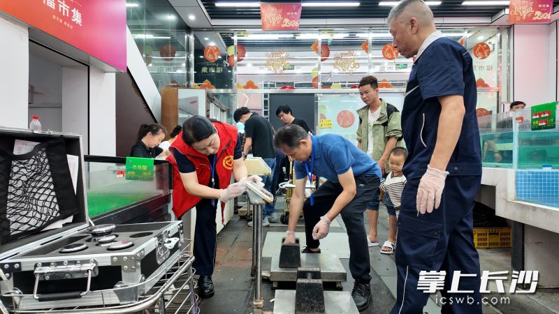 计量专家现场为电子计价秤免费进行检定（校准）服务。长沙晚报全媒体记者 周辉霞摄