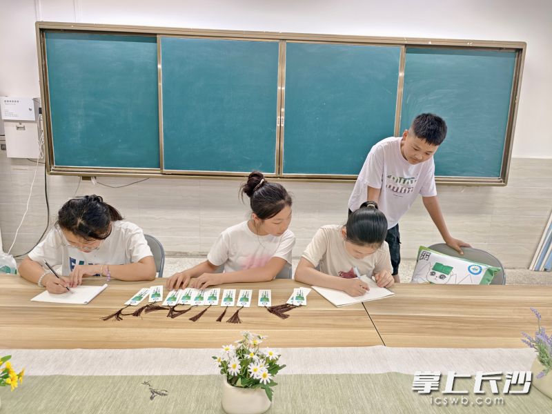 老粮仓镇中心小学的孩子根据本地出土的商周青铜铙图案，设计自己喜欢的文创书签。 均为长沙晚报全媒体记者张禹、通讯员段华良摄