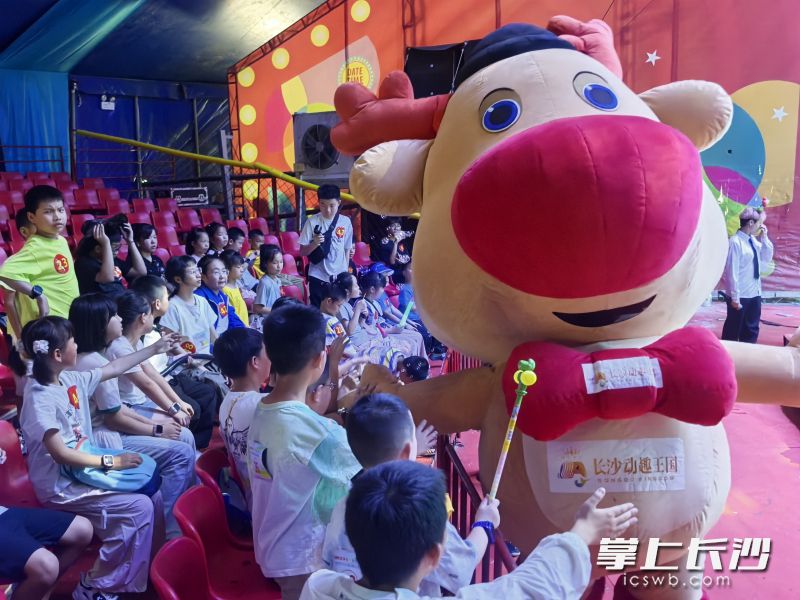 孩子们和卡通吉祥物、萌宠动物互动。