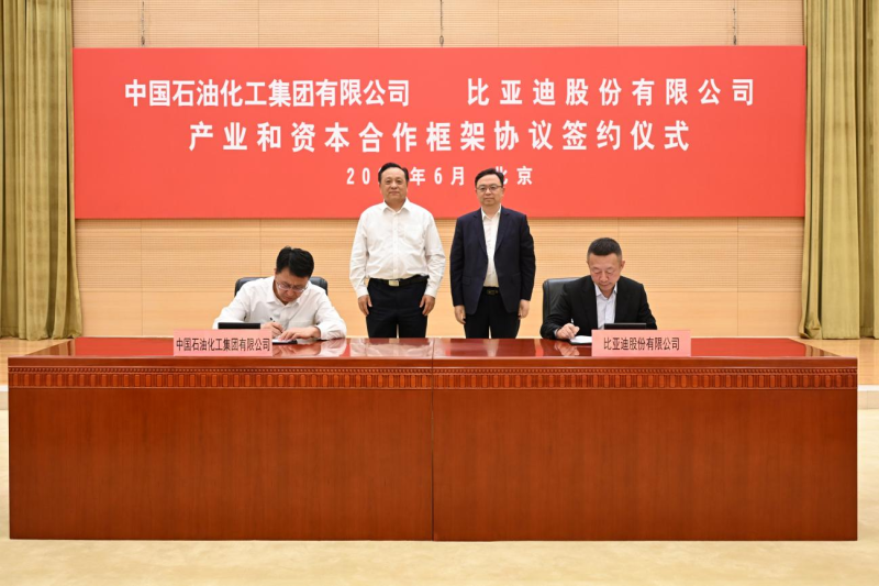 比亚迪董事长兼总裁王传福（后排右）与中国石化董事长侯启军（后排左）见证签约。 均为比亚迪供图