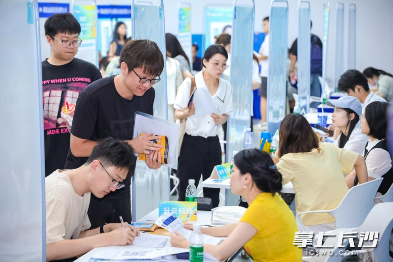 求职的学生往来于各个展位之间，现场气氛热烈。