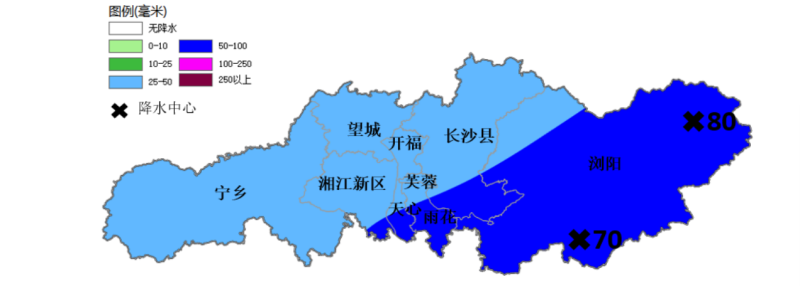13日8时至13日20时降雨量预报图（单位：毫米）。长沙市气象台供图