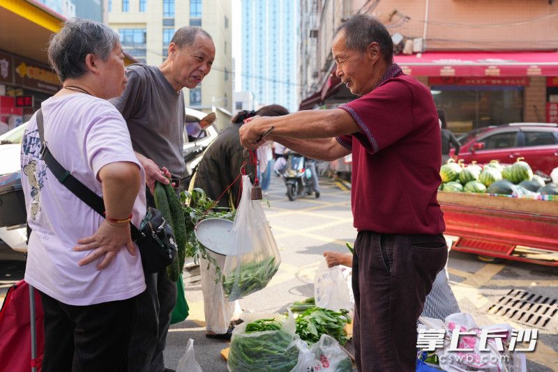 到达月亮岛街道新月集贸市场，曾建辉自家种的蔬菜受到大家的青睐。