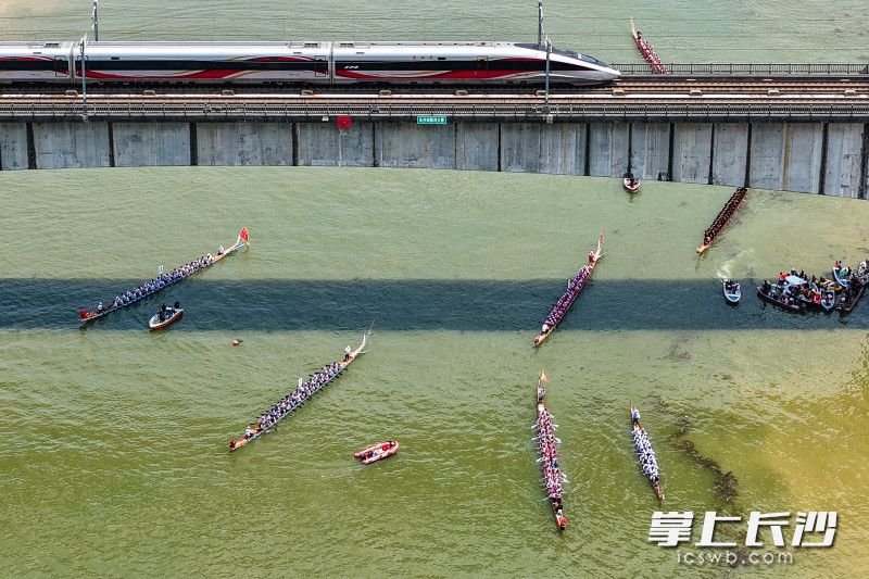 6月16日，浏阳河敢胜垸附近河段，二十余条上下游的龙舟齐聚，竞渡浏阳河。 均为长沙晚报全媒体记者黄启晴摄