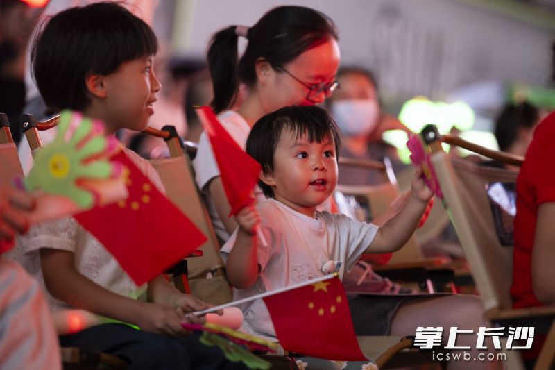 一位小朋友挥舞着国旗。