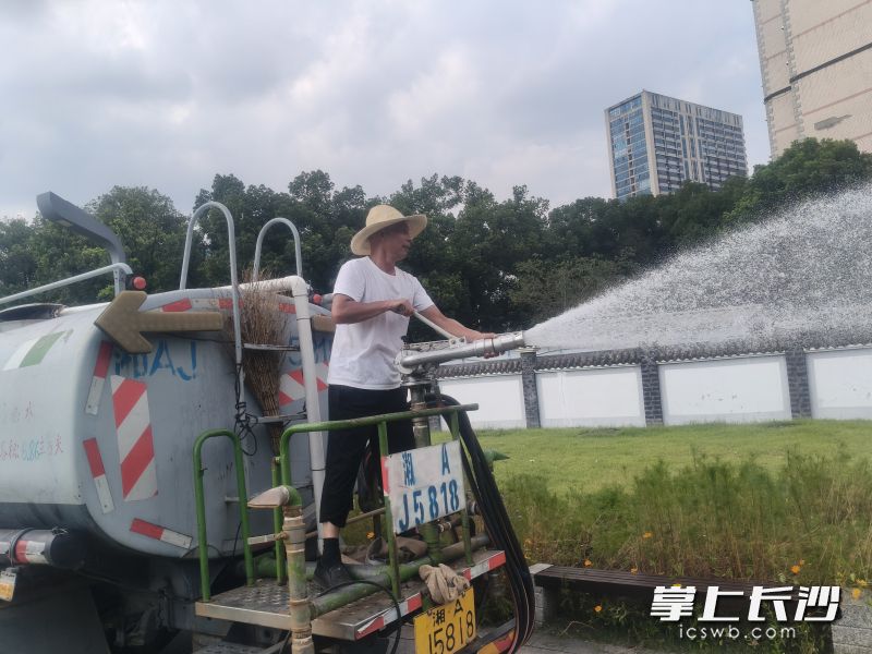 骄阳之下，园林工人穿梭林间，用汗水浇灌出一片清凉绿意。