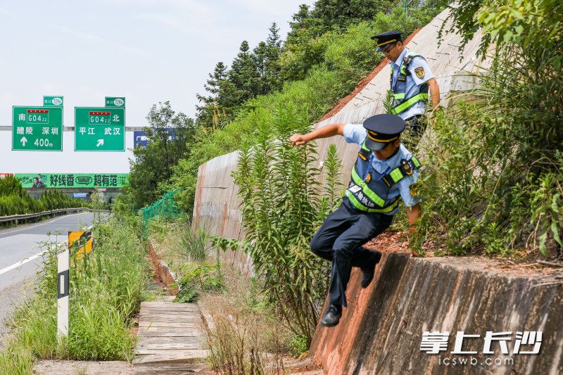 高速公路执法人员巡查边坡水土流失情况。