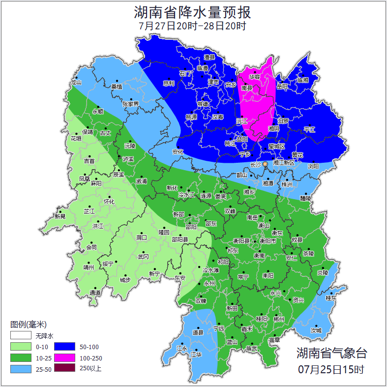 27日20时至28日20时湖南省降水量预报。