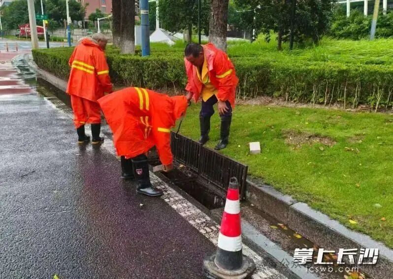 市政工人在清理雨水篦子。