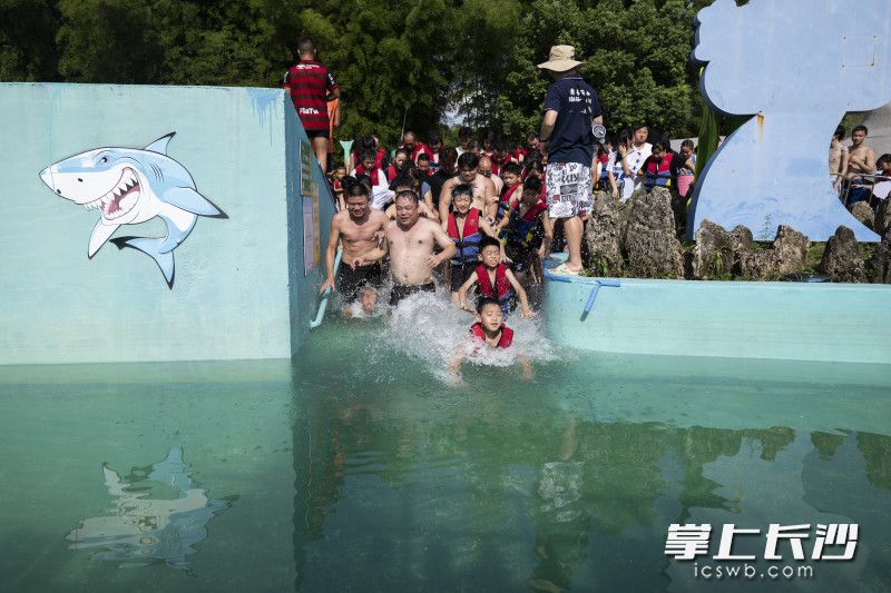 游客们下水抓鱼。