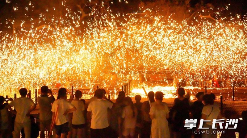打铁花表演，1600℃的高温铁水挥洒夜空。